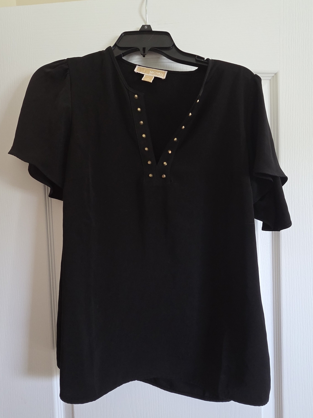 Michael Kors Black V-Neck Top with Gold Stud Accents